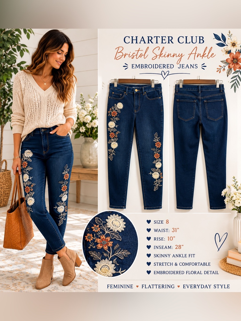 Charter Club Bristol Skinny Ankle Embroidered Jeans - Dark Blue
